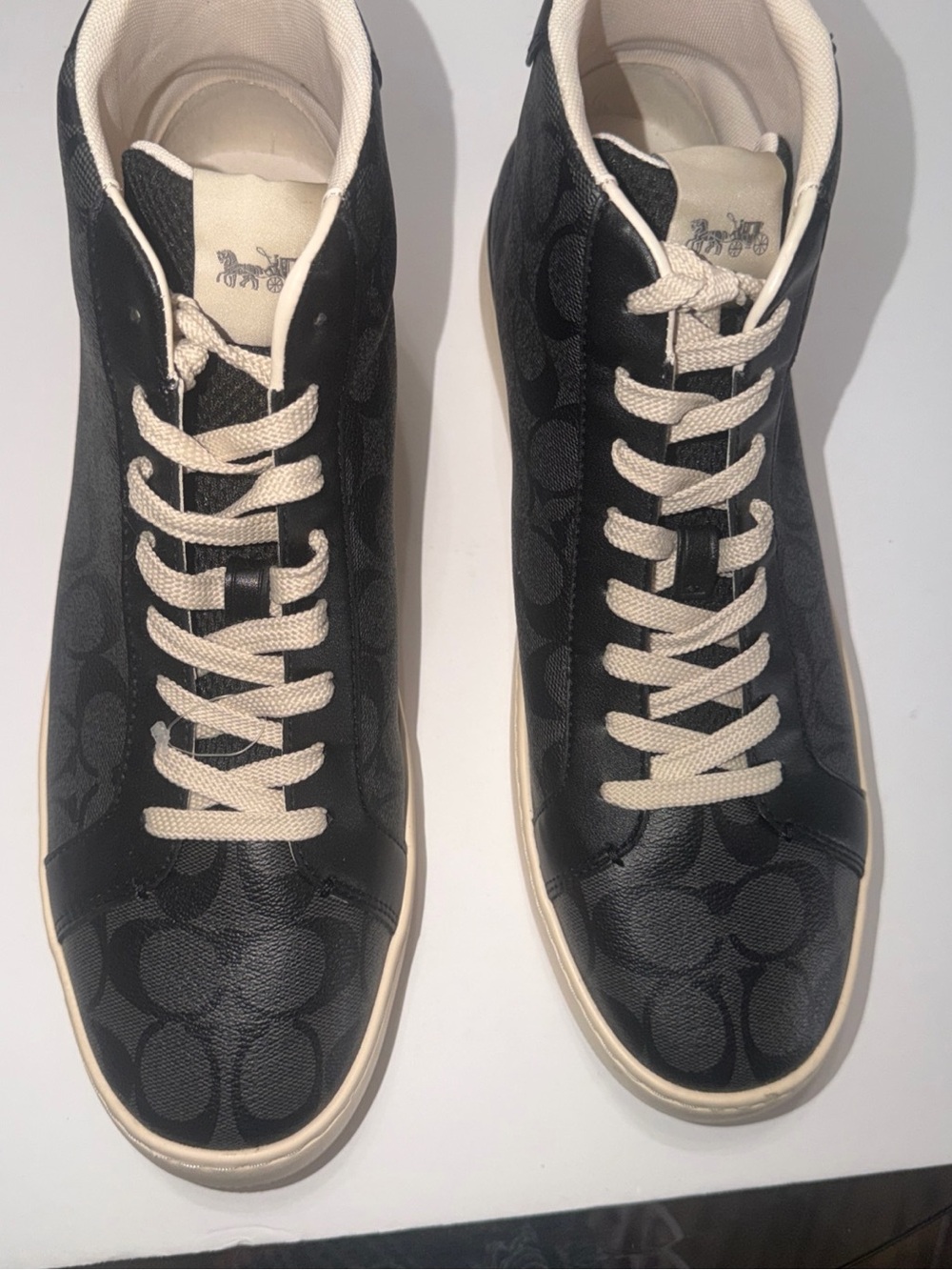 New Coach  Black Signature  Monogram High-Top Sneakers with Cream Laces US Size